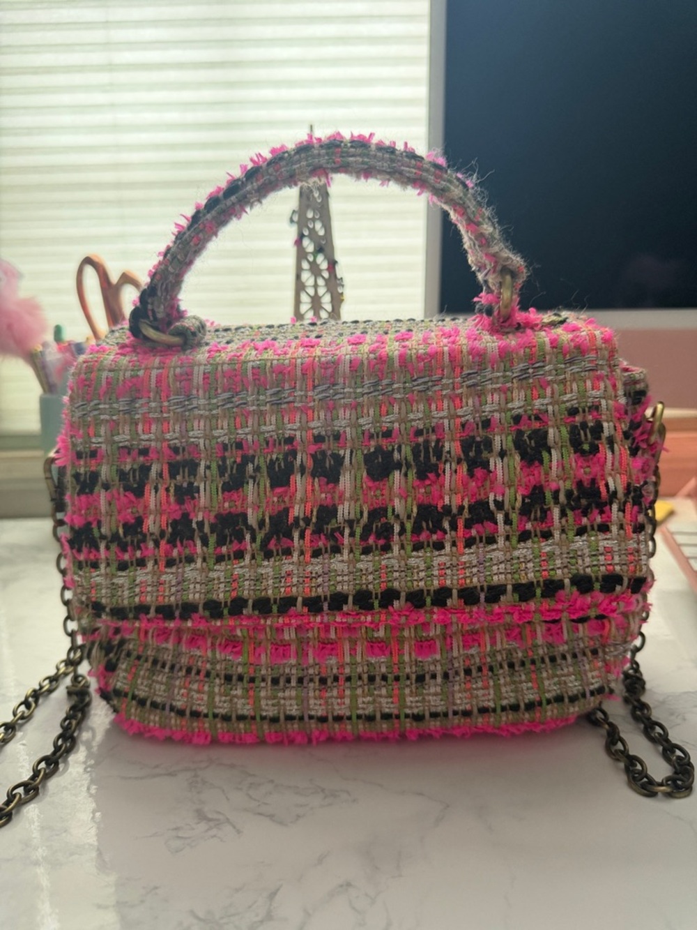 Anthropologie Tweed Top-Handle Bag in Neon Pink and Black